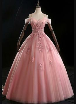 Picture of Lovely Pink Floral Tulle Off Shoulder Flowers Princess Gown, Pink Sweet 16 Formal Dress